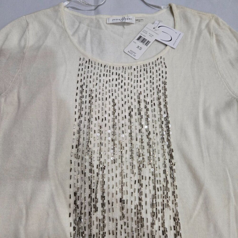 NWT Josie Natori Beaded Sequin Blouse Fringe Knit Top Long Sleeve Women's XS